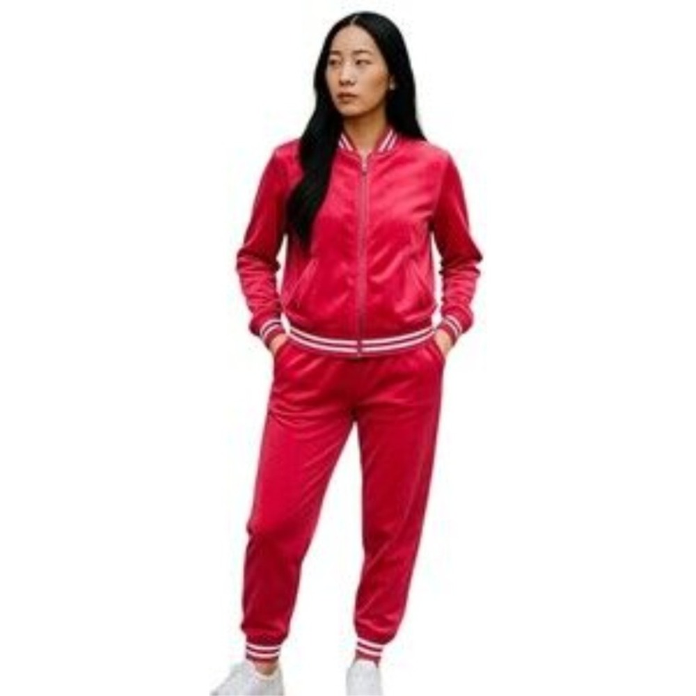 KATE & MALLORY Red Velour Tracksuit Set Bomber Jacket Pants 3X Plus Size NEW